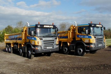 Two yellow Scania tippers available for hire