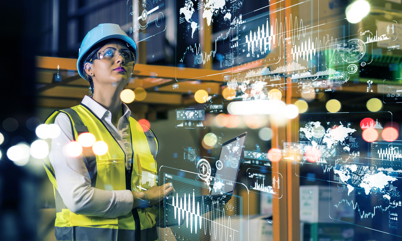 Woman working with technology at construction site